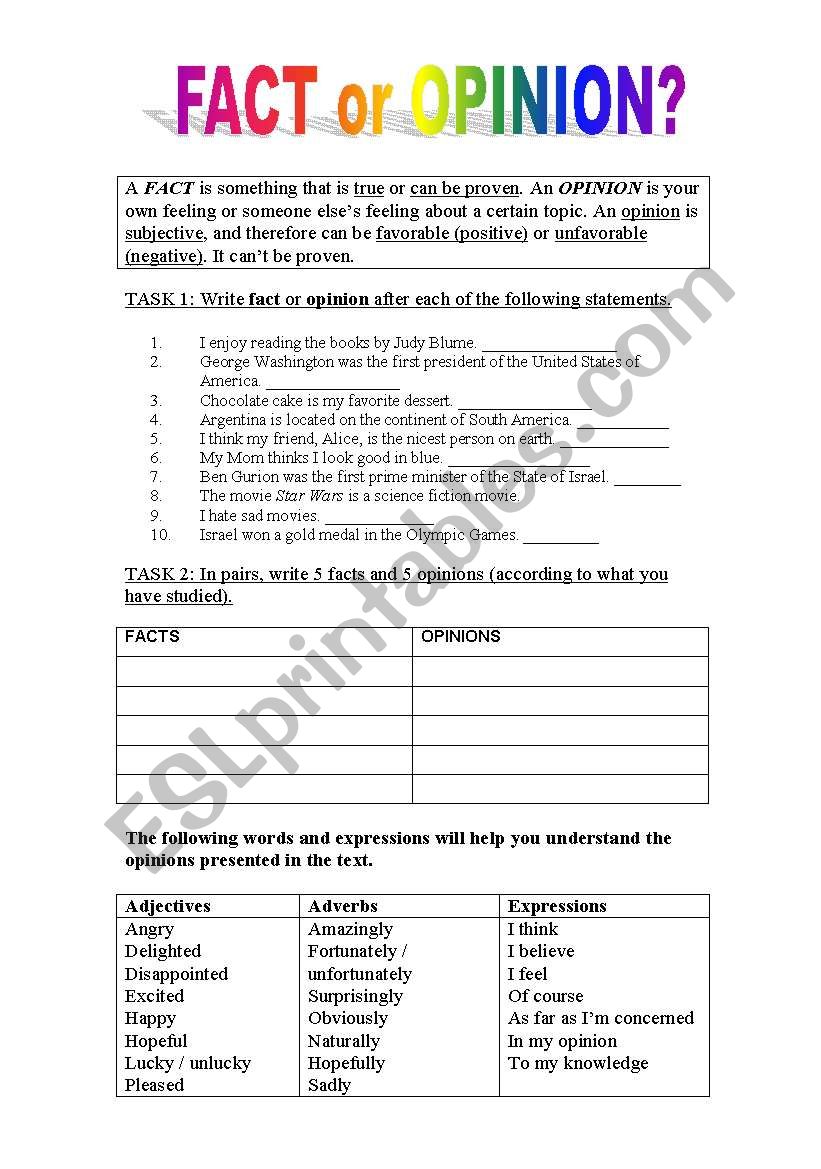 Fact or Opinion? - ESL worksheet by pirchy Inside Fact Or Opinion Worksheet