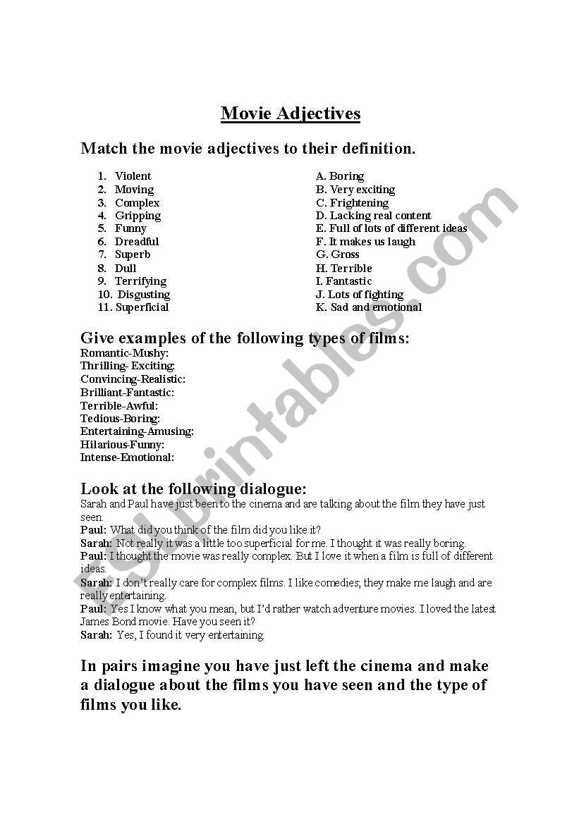 Movie Adjectives worksheet