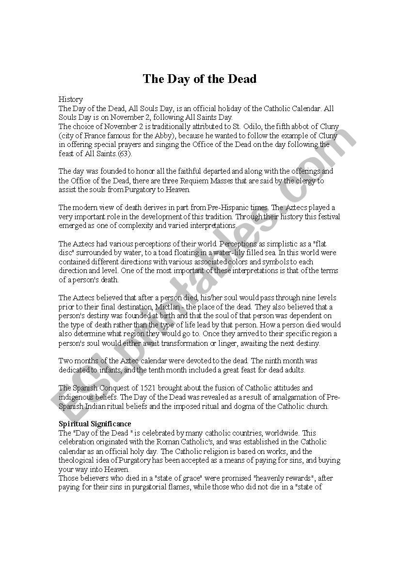Day of the Dead Reading worksheet