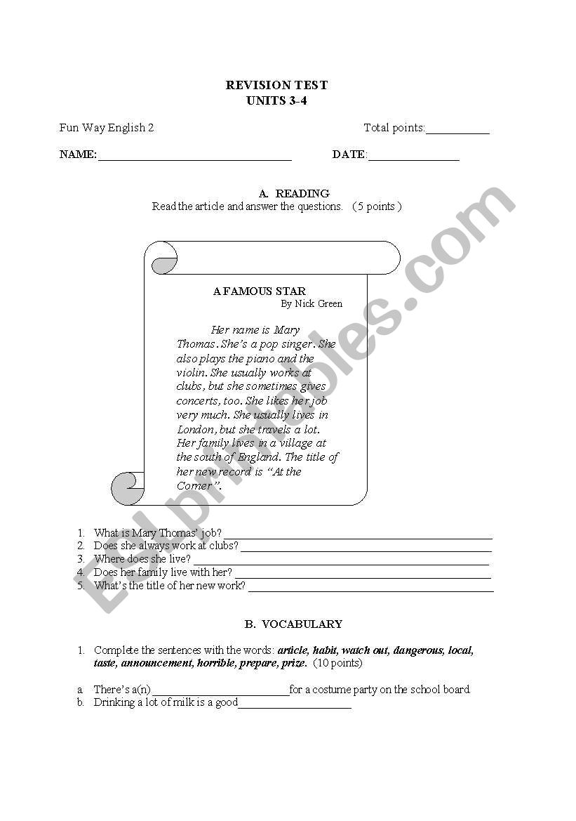 FunWay 2-test for units 3-4 worksheet