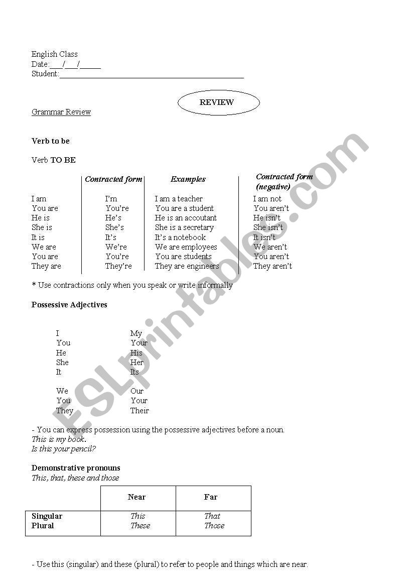 Review (verb to be, verb can/cant, imperative form, possessive adjectives and more...)