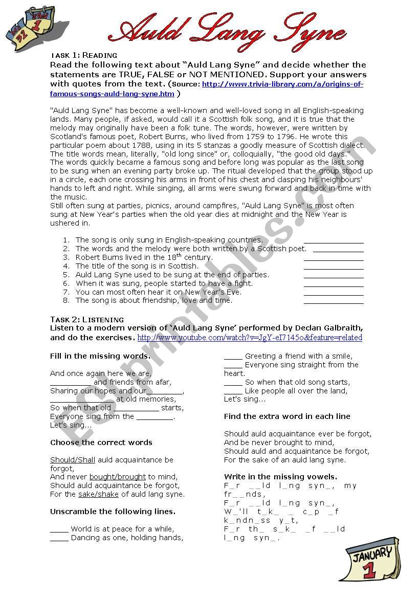 Auld Lang Syne worksheet