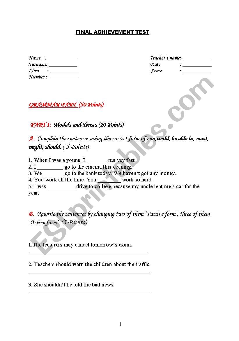 Achievement test worksheet