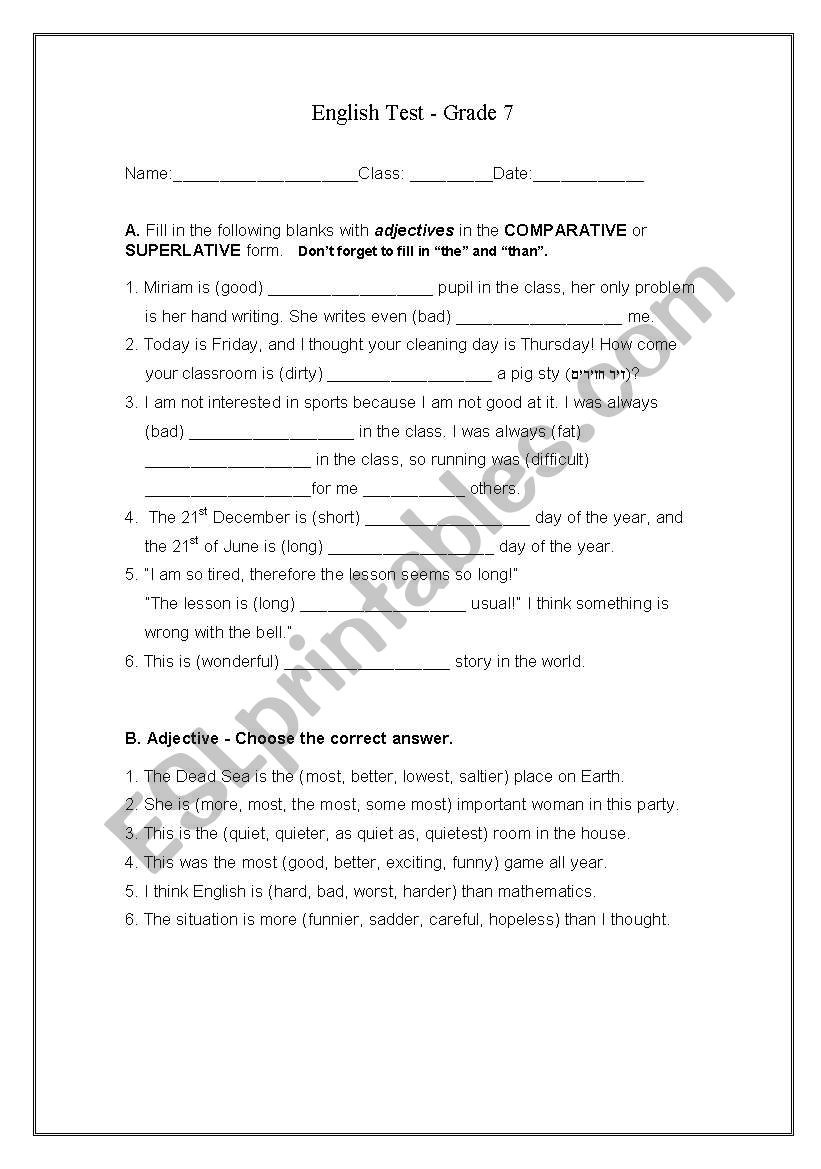 English Test - Grade 7 - ESL worksheet by anatavner