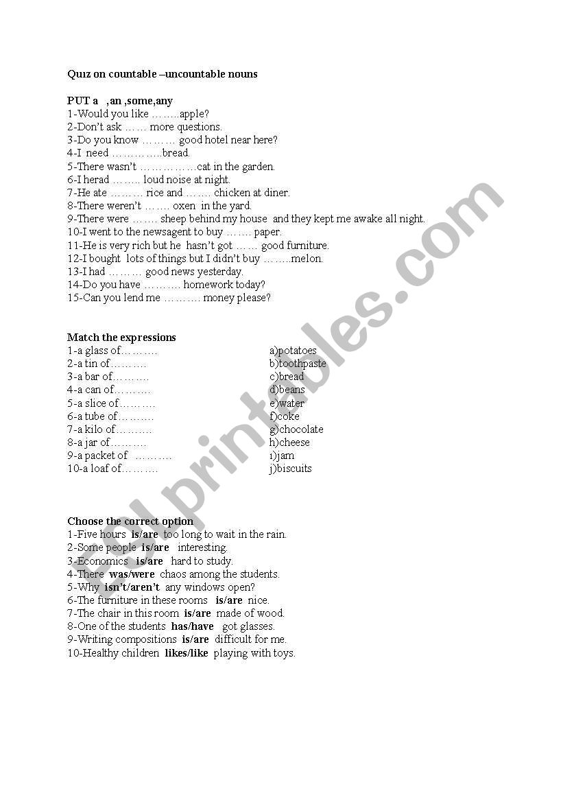 COUNTABLE -UNCOUNTABLE NOUNS  worksheet