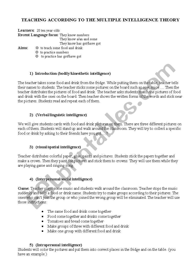 multiple intelligences worksheet