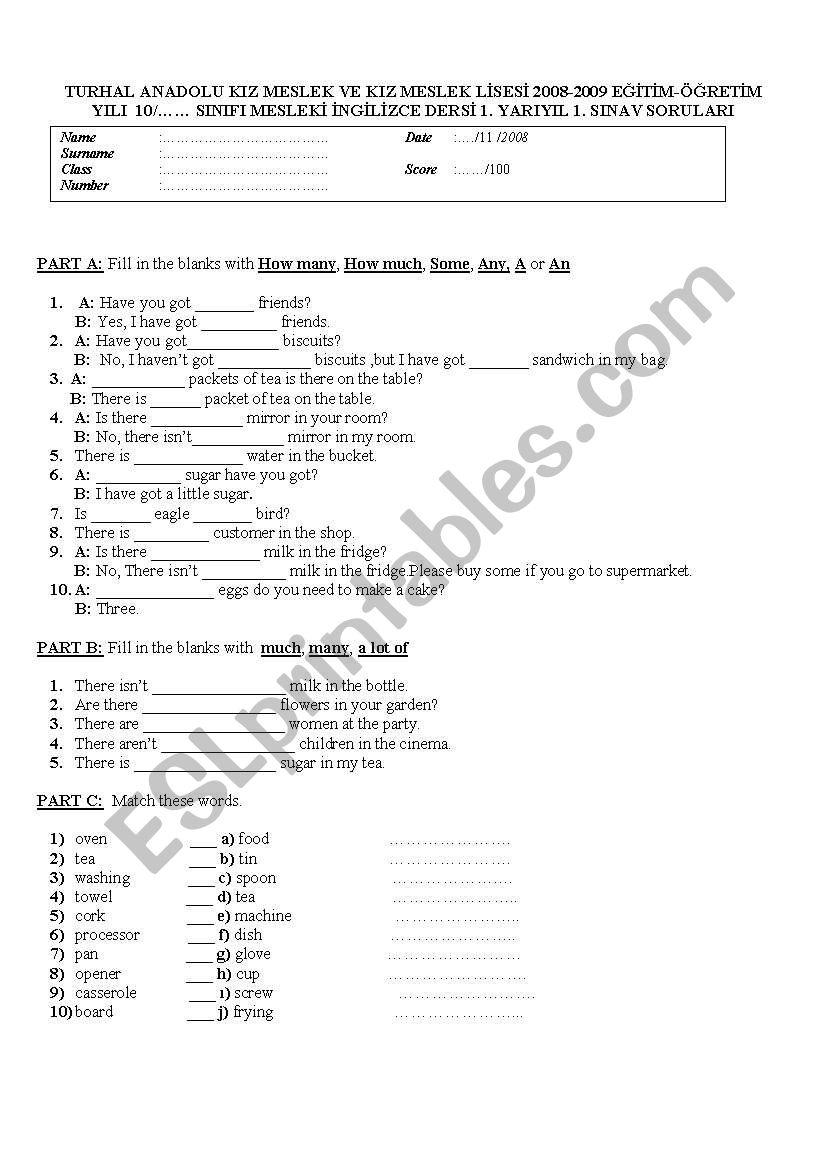 AN EXAM FOR FOOD AND DRNK DEPARTMENT STUDENTS IN HIGH SCHOOLS