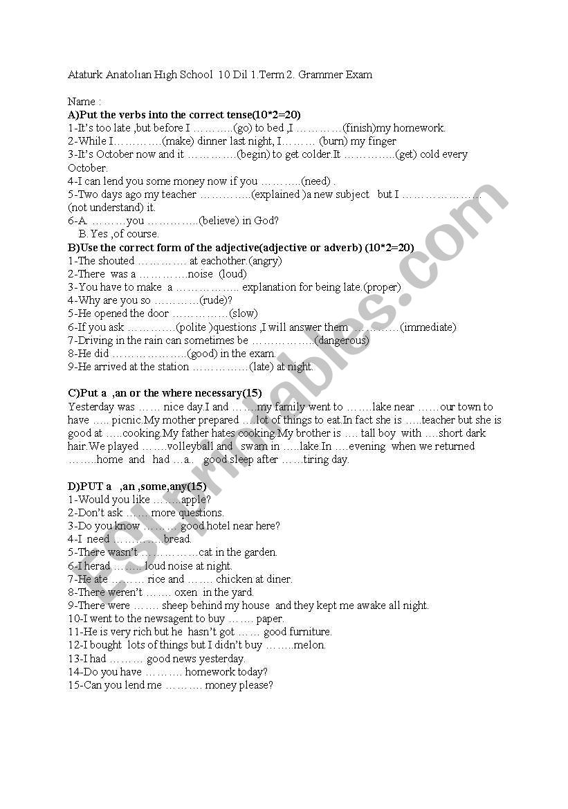 QUIZ ON TENSES,ADJECTIVES AND COUNTABLE NOUNS 