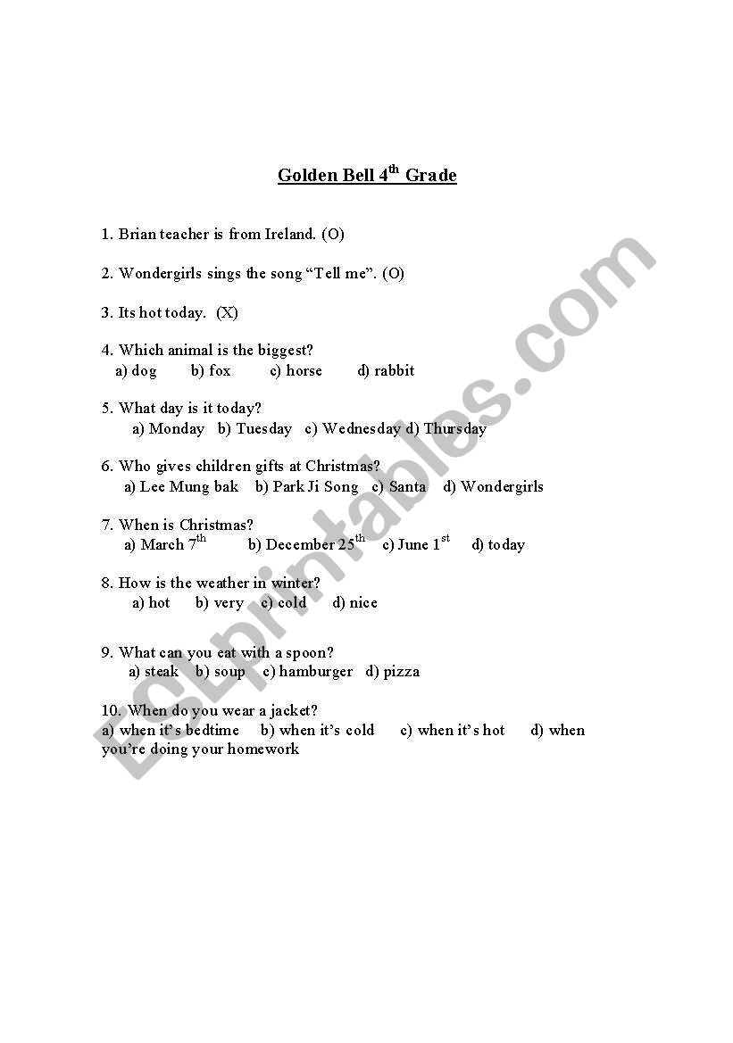 Golden Bell Quiz (4th Grade) worksheet
