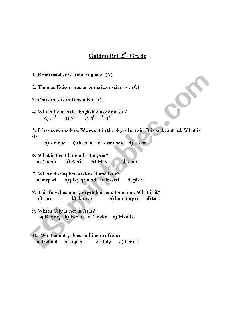Golden Bell Quiz worksheet