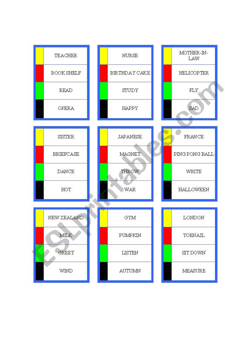 pictionary card worksheet