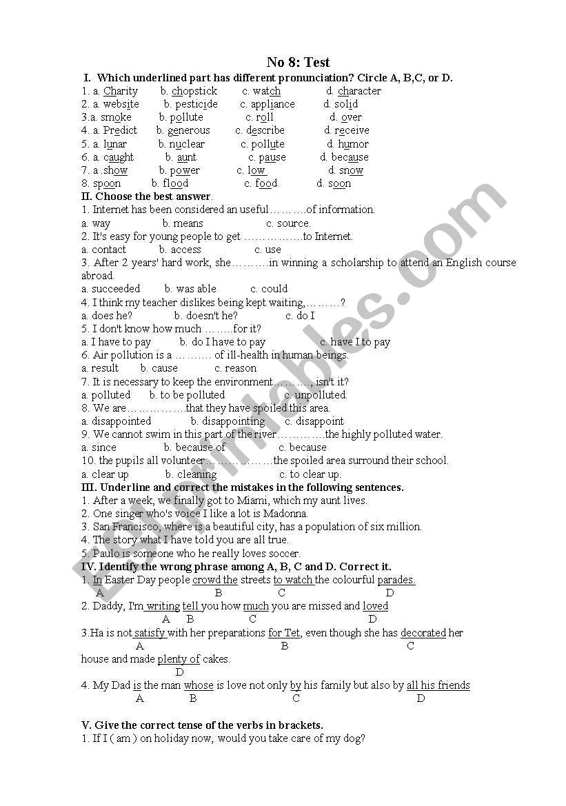 test for grammar worksheet