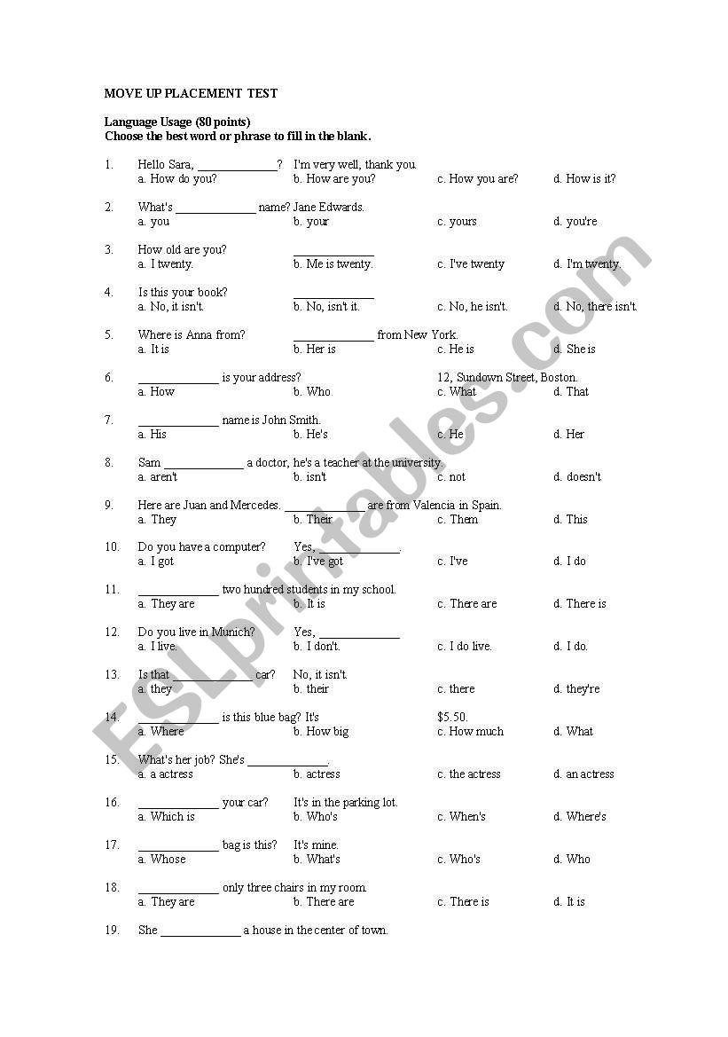MOVE UP PLACEMENT TEST worksheet