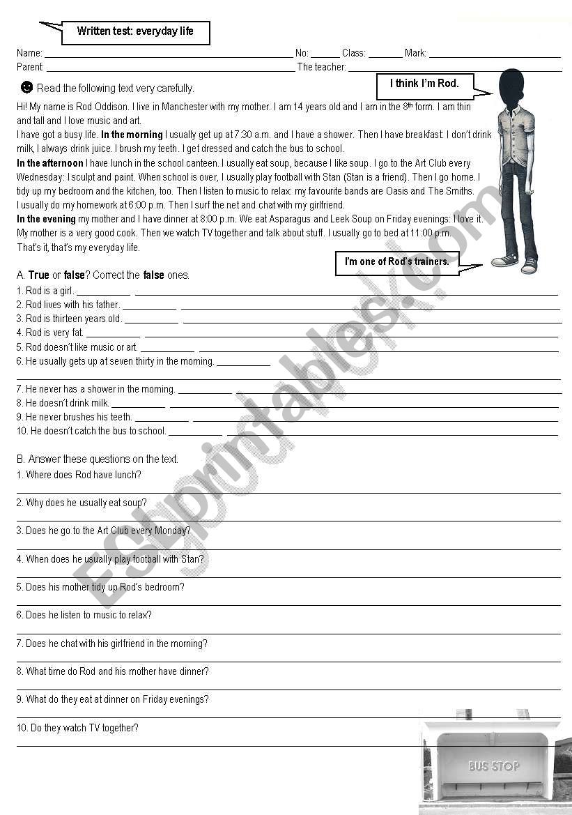 Rod Oddisons daily routine worksheet