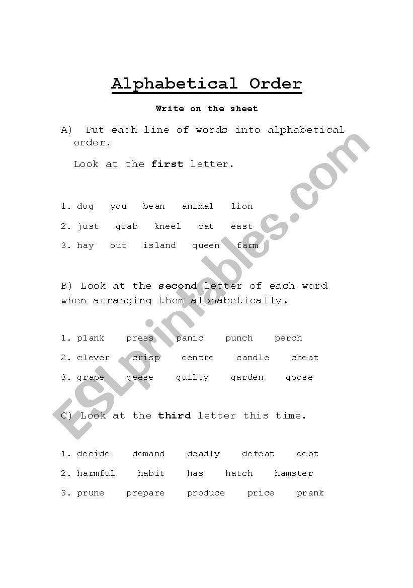 Alphabetical order worksheet