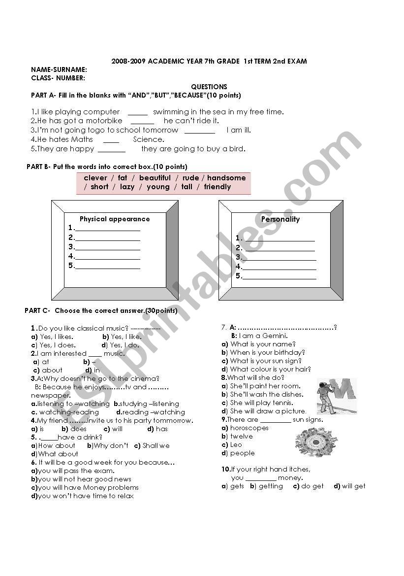 7th grade exam worksheet