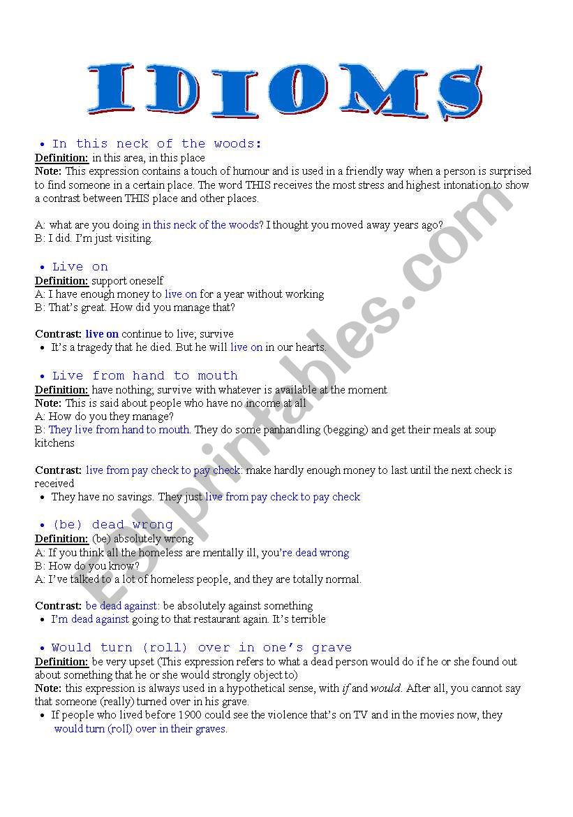 Idiomatic expressions 2 worksheet