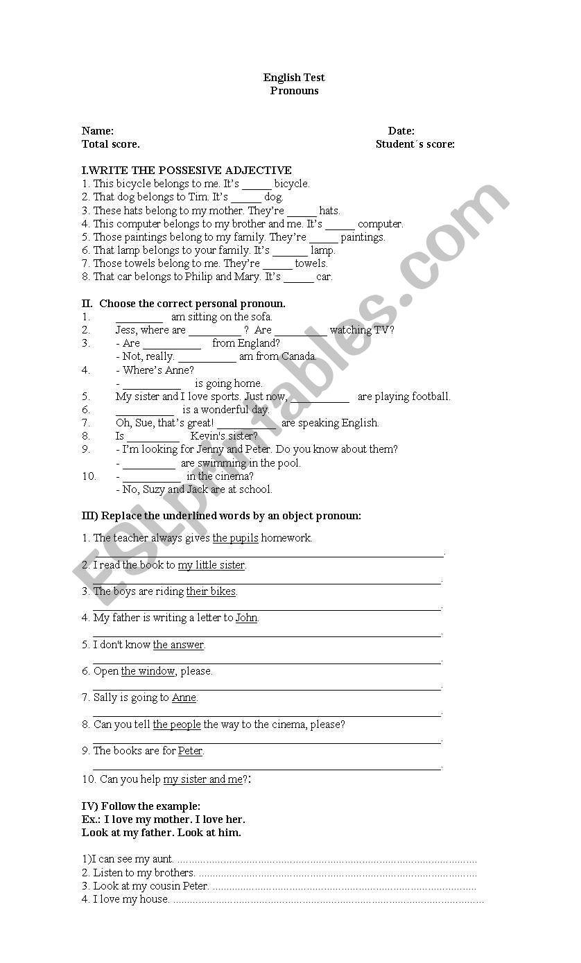 pronouns test  worksheet