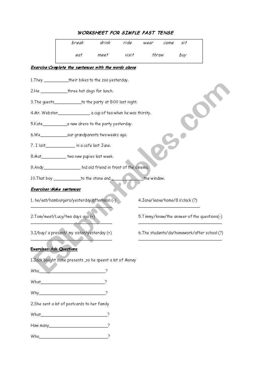 simle past worksheet