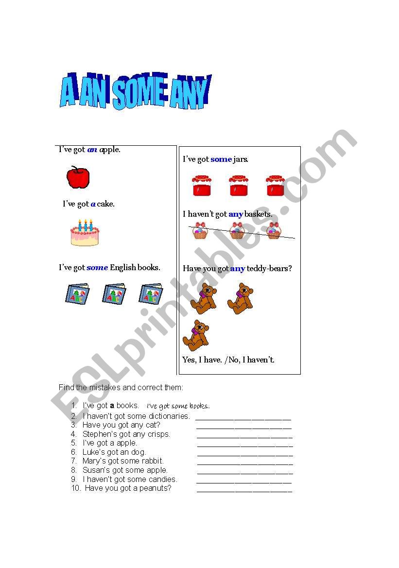 a/ an/ some/ any worksheet