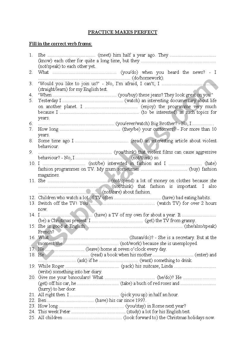 Mixed Tenses Worksheet worksheet