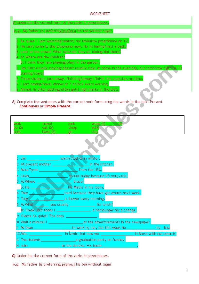 Stative and non action verbs a review of simple present and present continious tenses and four pages of exercises