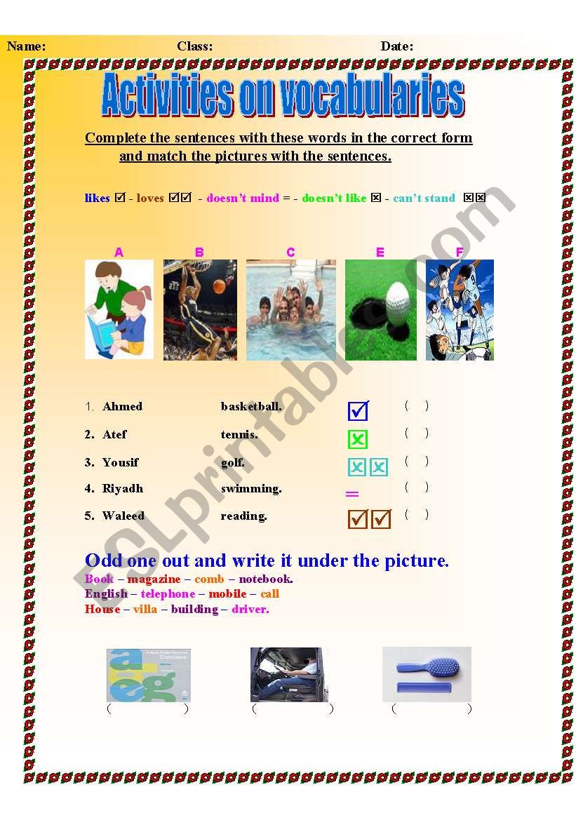 Activities on vocabularies worksheet