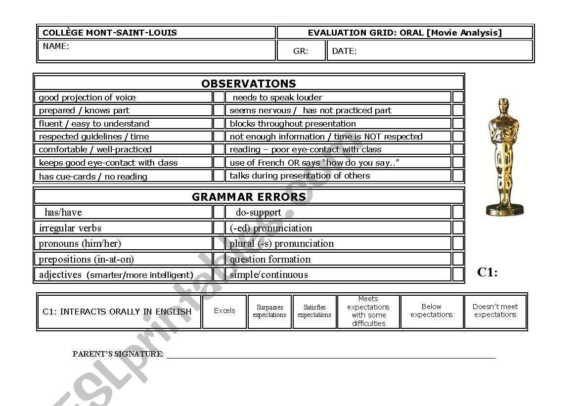 ORAL EVALUATION GRID (movie analysis)