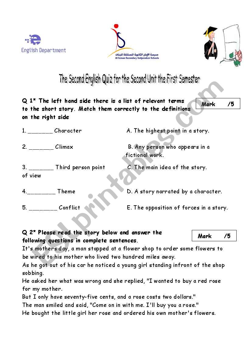 story elements quiz worksheet