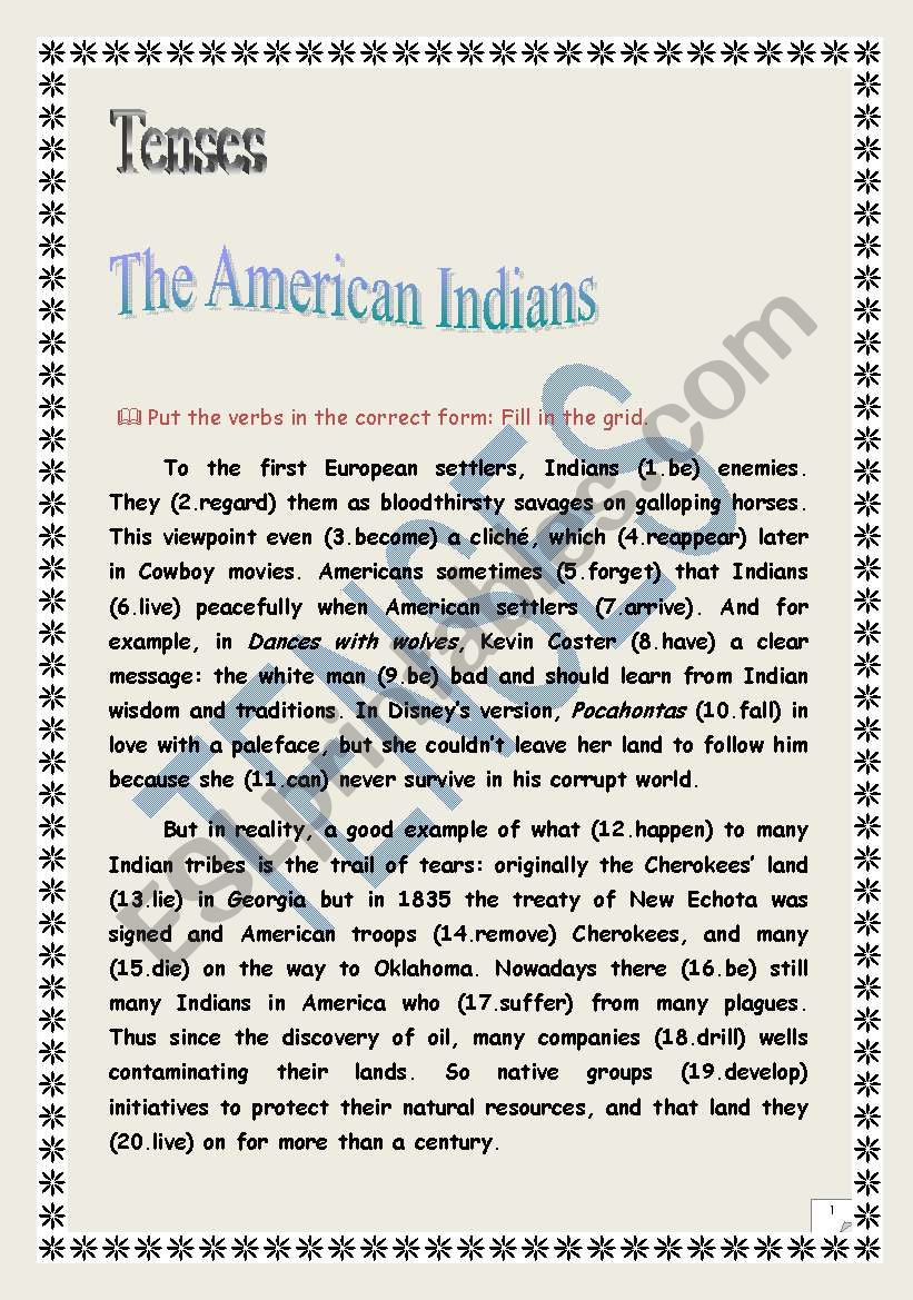 Tenses (test): text about  the American Indians. (+ answers)