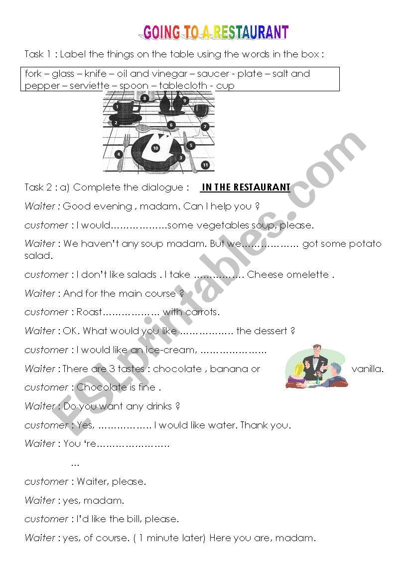 Going to a restaurant worksheet