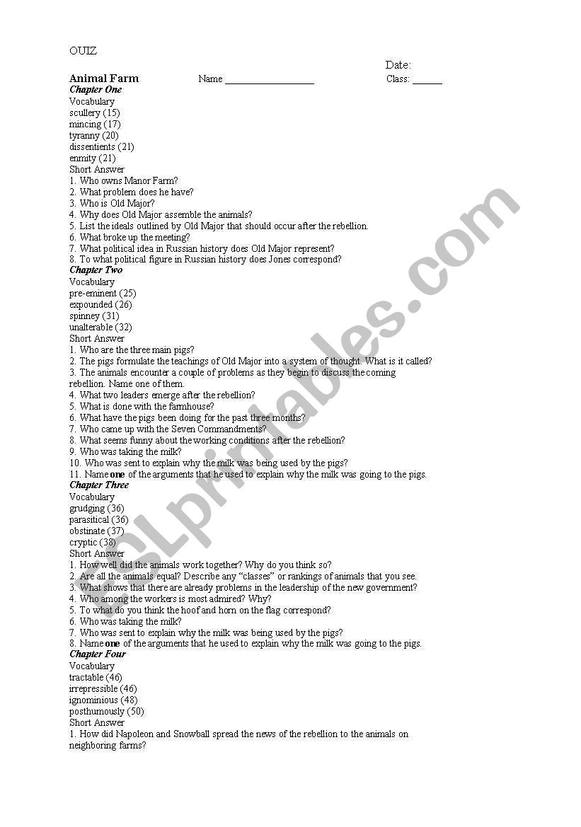 animal farm activities worksheet
