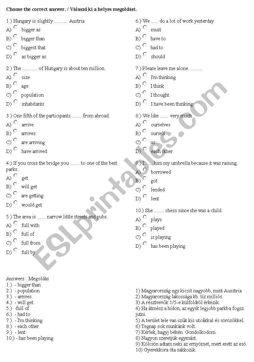 Grammar quiz worksheet