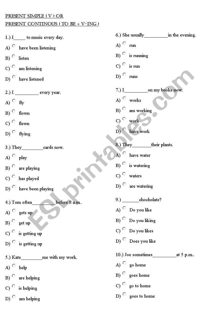 Present tense quiz worksheet