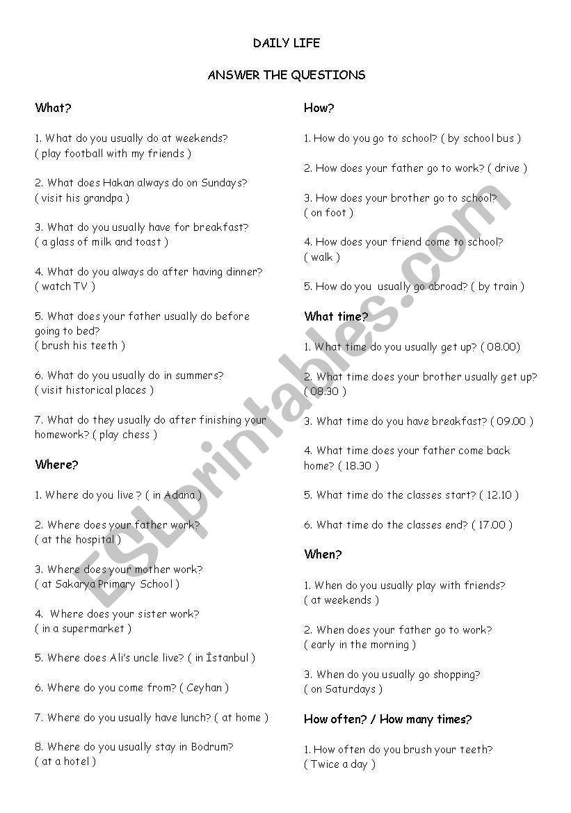 Daily life ( question words ) worksheet