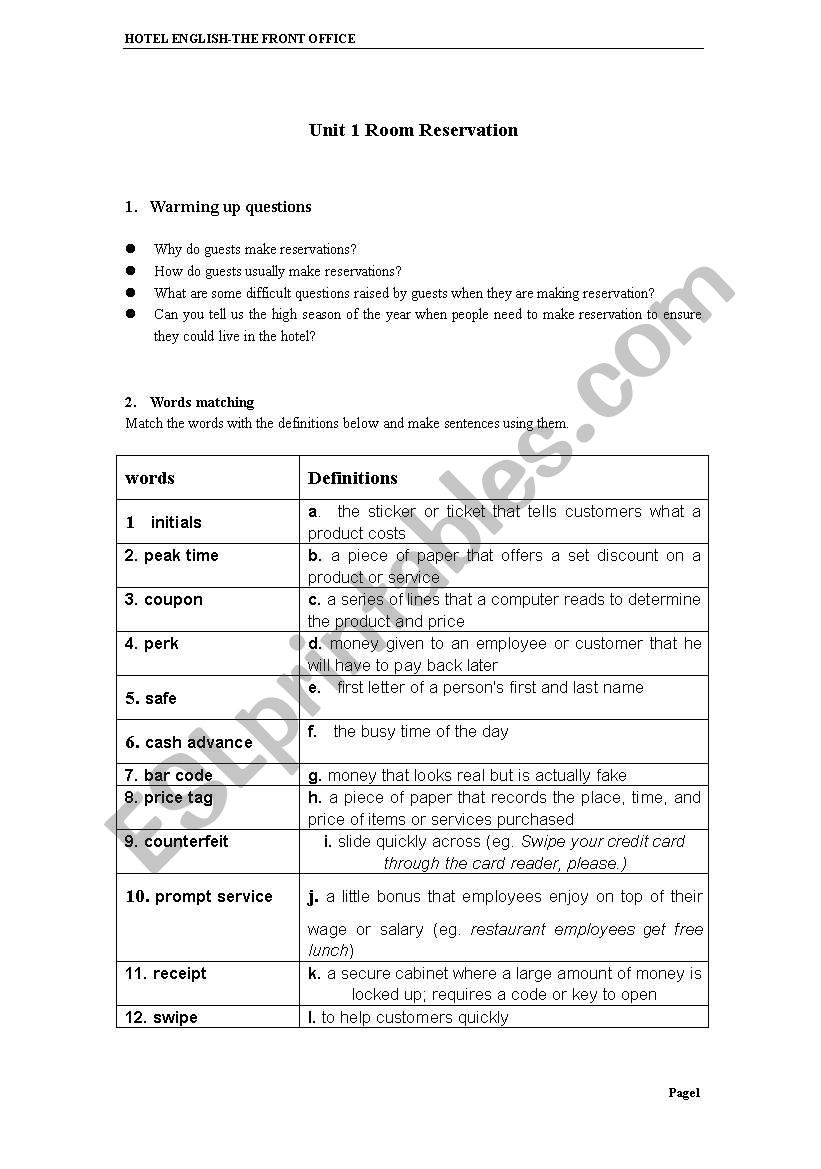 room reservation worksheet