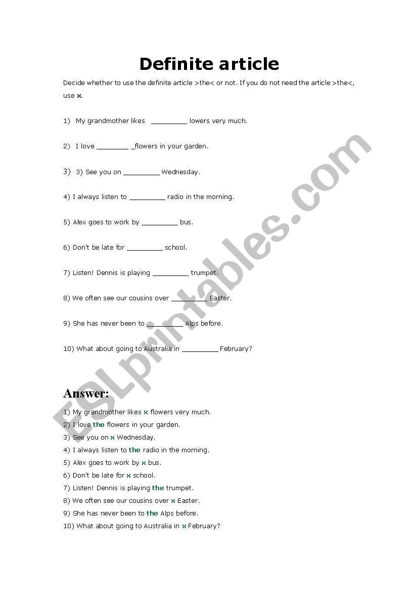 Definite Article worksheet