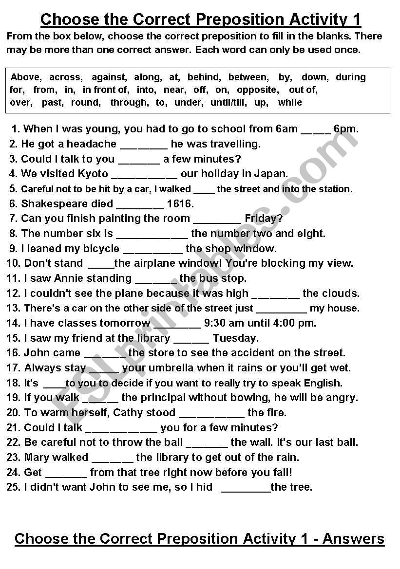 Choose the Correct Preposition Activity 1