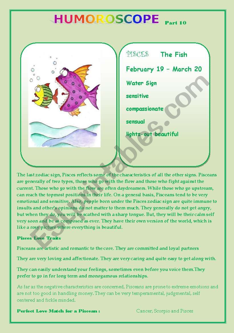 Humoroscope Part 10 PISCES worksheet