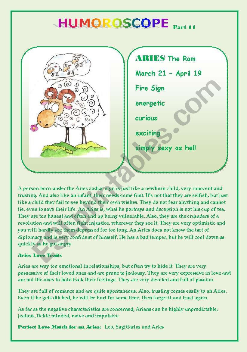 Humoroscope Part 11 ARIES worksheet