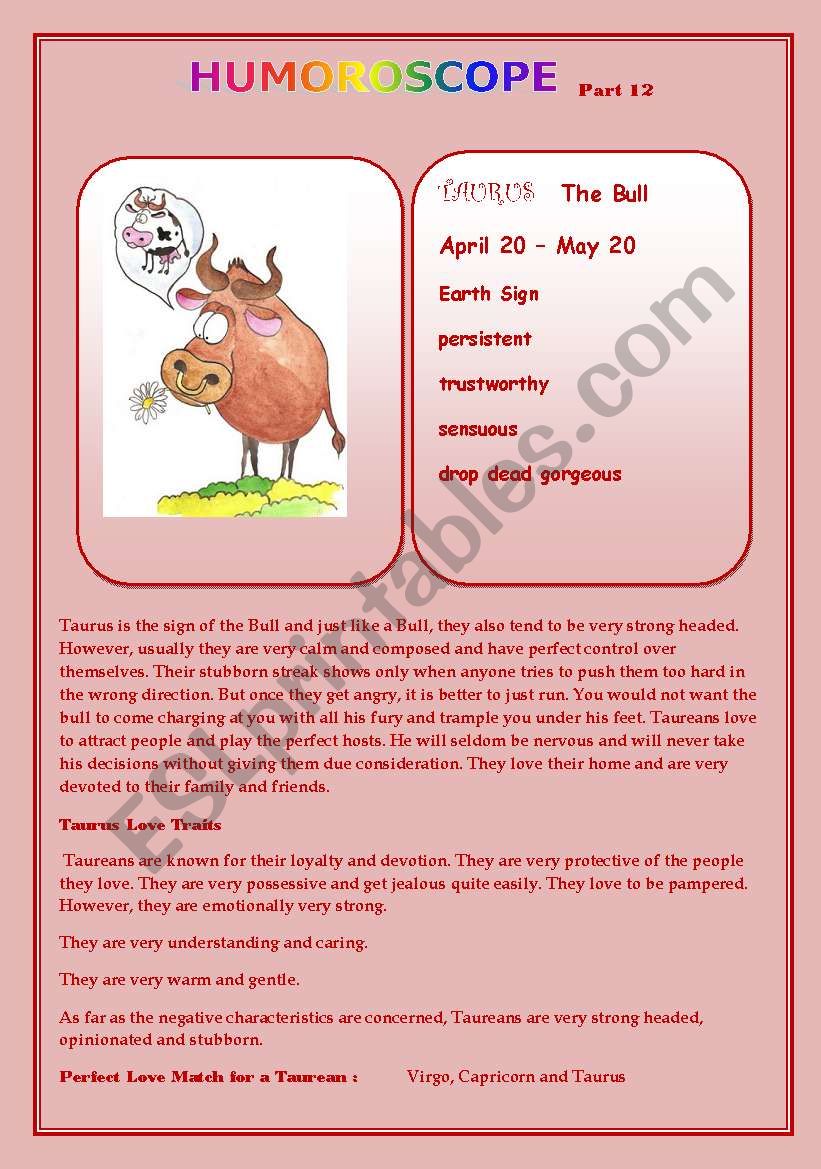 Humoroscope Part 12 TAURUS worksheet