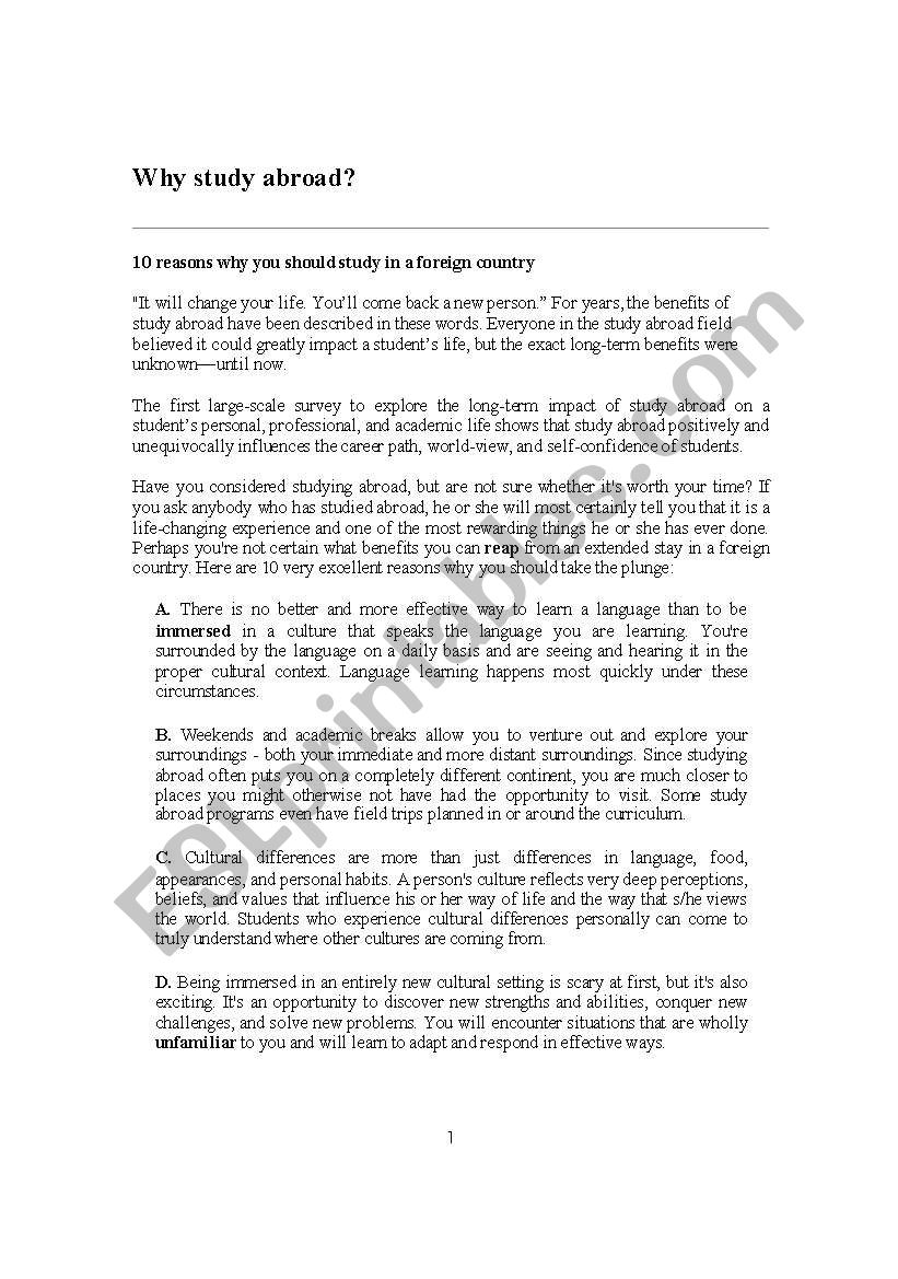 Reading: Why study abroad worksheet