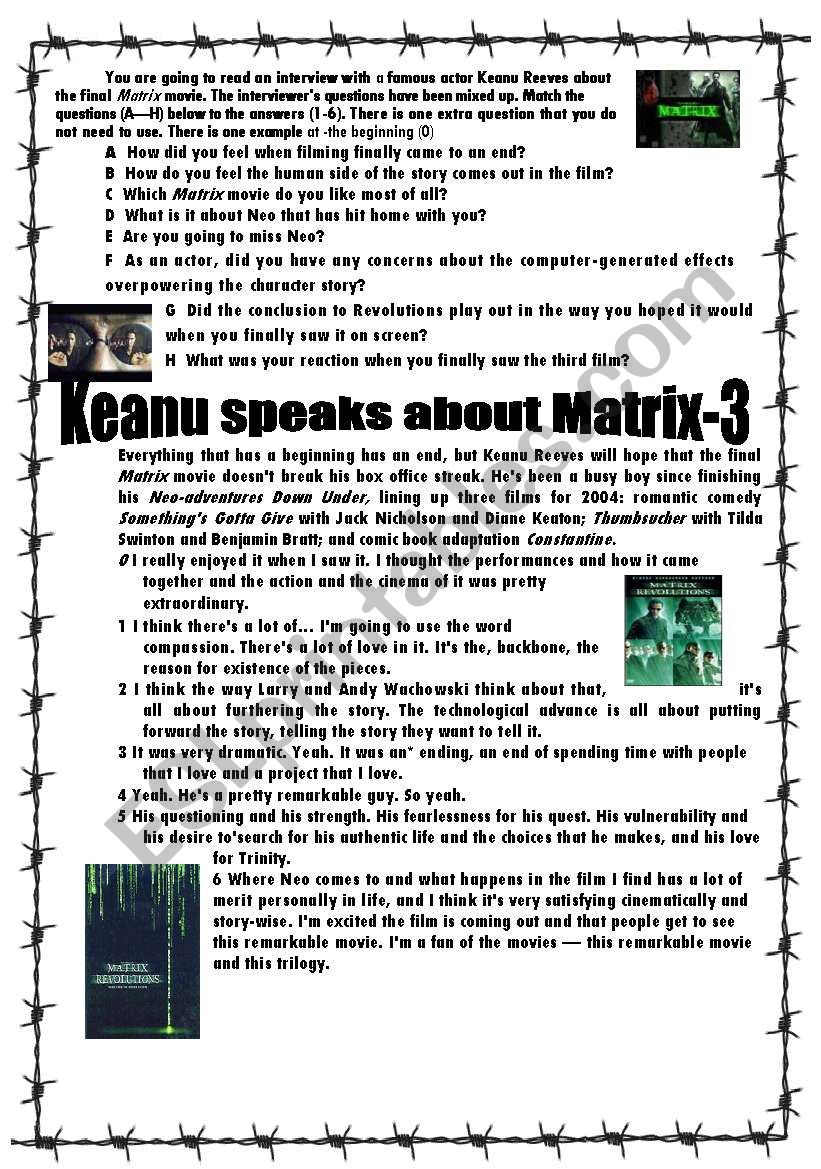 Keanu speaks about Matrix-3 worksheet