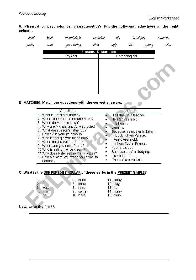 Personal Identity worksheet