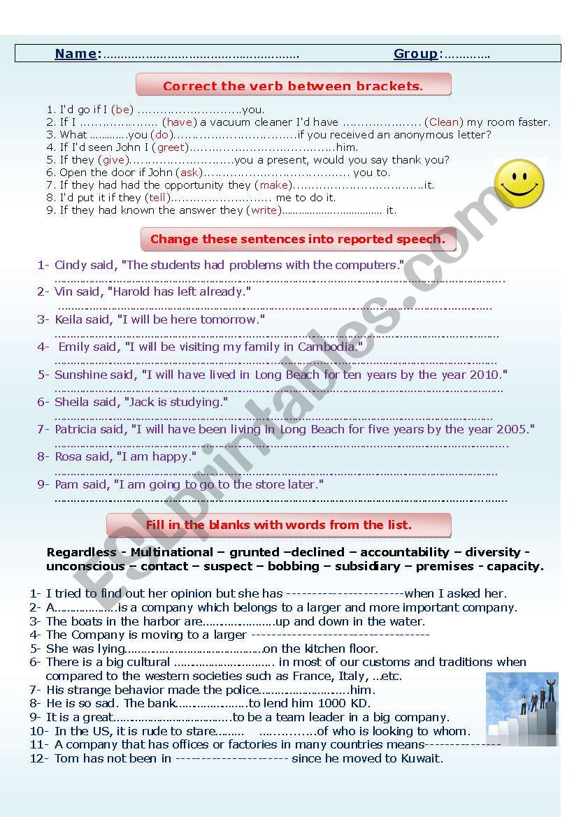 Conditional If (  I,II,III ) , reported speech, and voc. exercises.