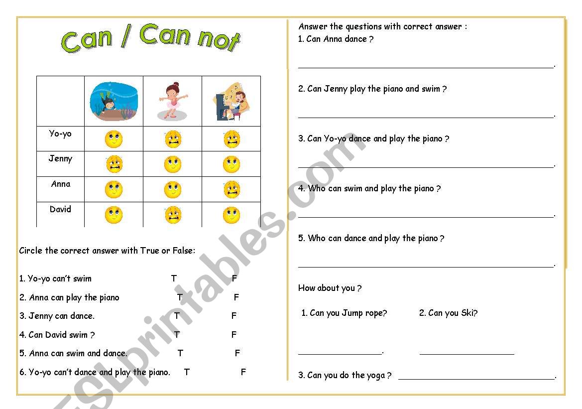 can / can not worksheet