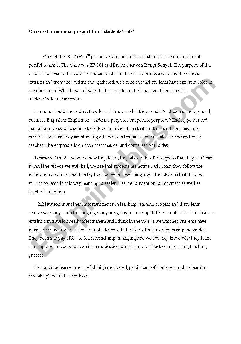 observation report worksheet