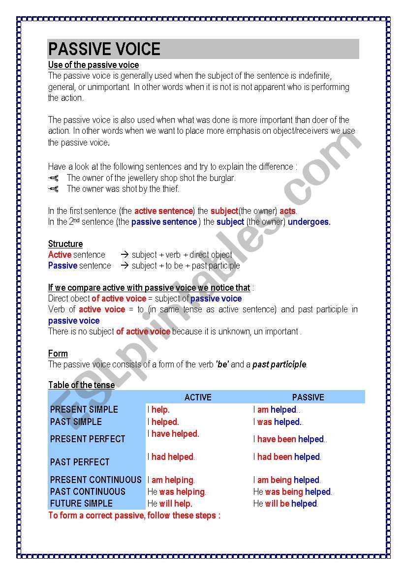 Passive voice (4 pages) theory - exercices