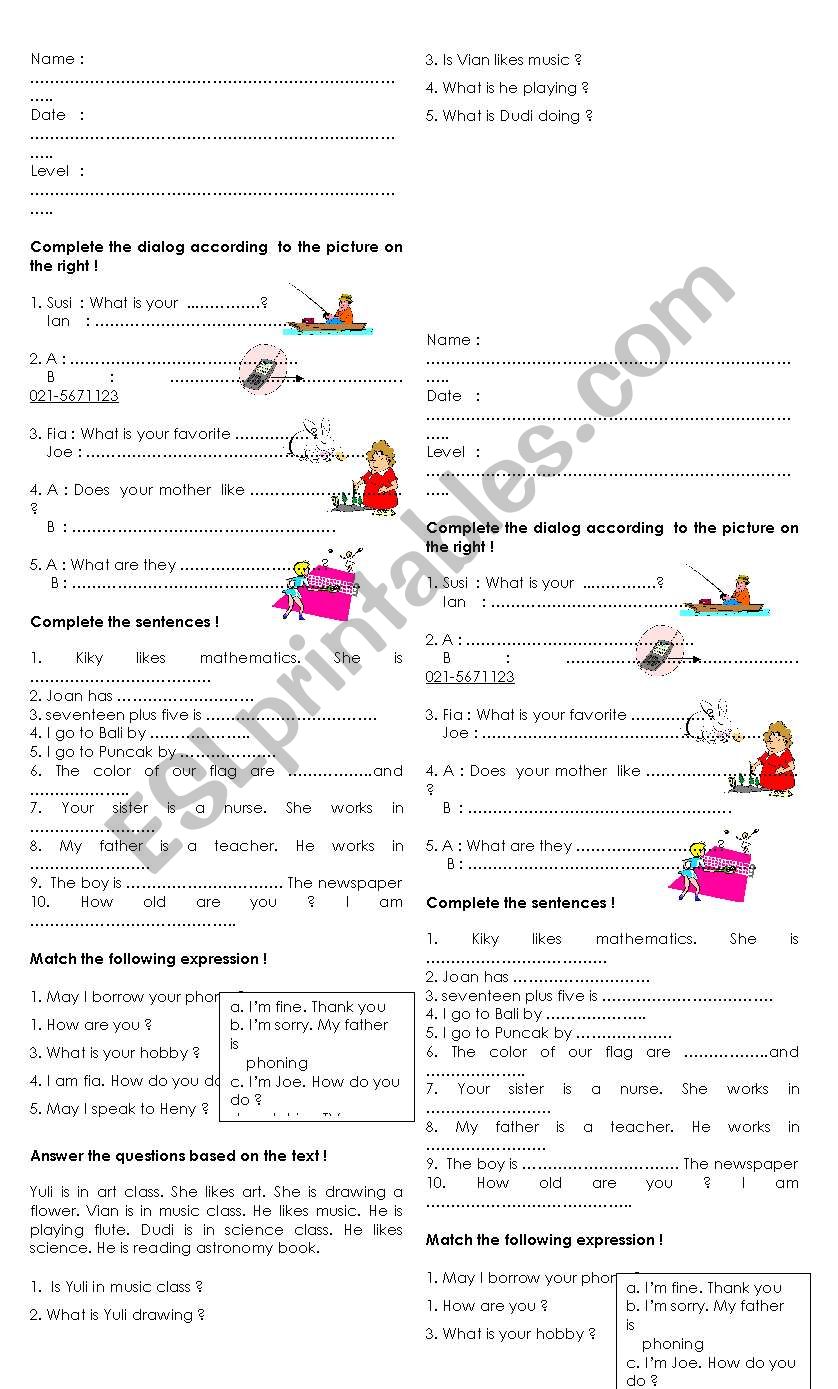 hobbies  worksheet