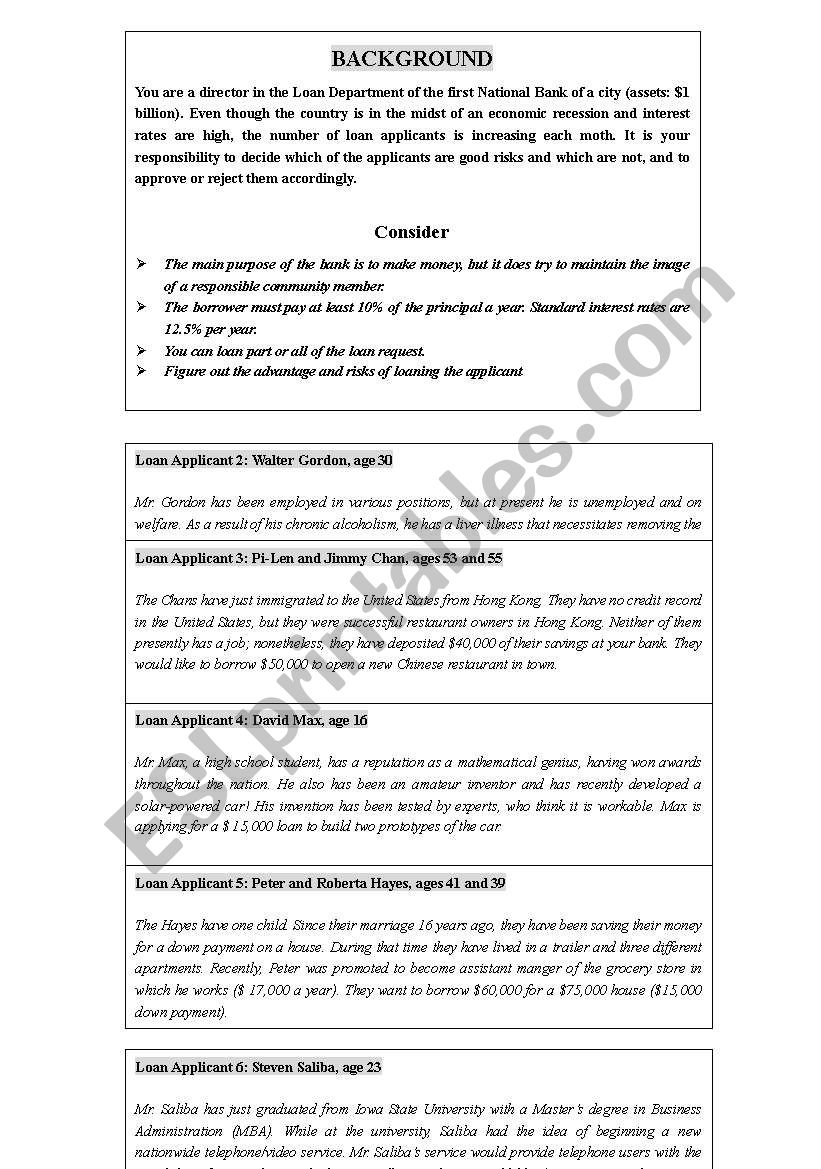 Who gets the loan? worksheet